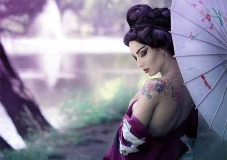 Geisha - woman, geisha, brunette, umbrella