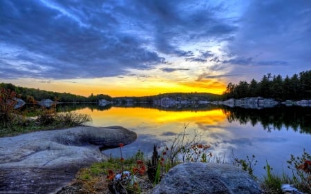 amazing evening on a lake hdr - lake, rocks, sunset, shore, hdr