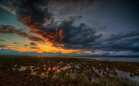 gorgeous sunset over marshland hdr - clouds, sunset, marsh, hdr, grass