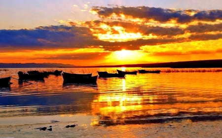 boats at superb sunset - harbor, sunset, boats, reflection