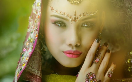 Beauty - bride, girl, beauty, pink, jewel, make-up, green, woman, model