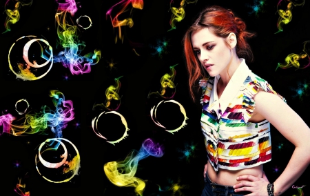 Kristen Stewart - woman, kristen stewart, rainbow, actress, redhead, girl, smoke, bubbles, twilight saga, yellow, pink, blue, by cehenot, green