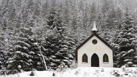 lovely little forest church in winter - winter, forest, mountain, church