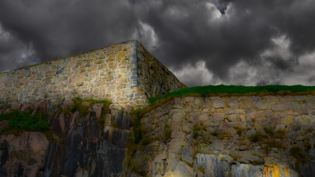 dark clouds over stone castle walls - clouds, walls, stones, dark, castle