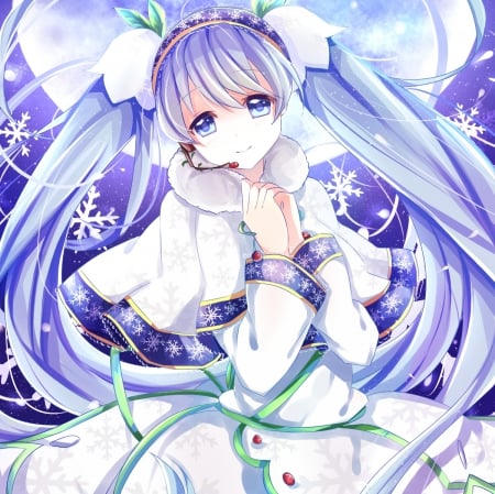 Snow Flakes - anime girl, cool, hatsune miku, adorable, long hair, snowflakes, whhite, own, vocaloids, yuki miku, l, vocaloid, snow, miku yuki, sweet, dress, nice, female, twintail, aqua hair, miku hatsune, pretty, anime, miku, twin tail, girl, twintails, winter, lovely, cg, blue hair, hatsune, hd, kawaii, flakes, twin tails, yuki, blue