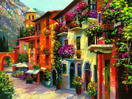 Village hideaway - summer, town, hideaway, rest, mountain, village, flowers, street, countryside, painting, Italy, houses, peaceful, art