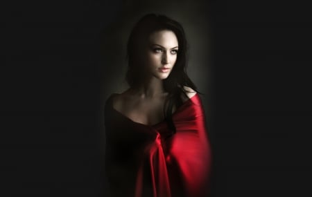 Red Silk - woman, brunette, silk, red