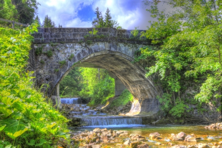 Cascade under old bridge - stone, fields, sky, landscape, colorful, water, cascade, plants, nature, beautiful, splendor, color, bridge, outdoor