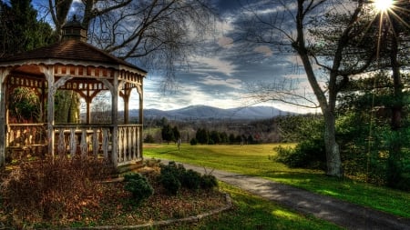 gazebo overlooking a golf course hdr - golf, course, summer, sunny, hdr, gazebo