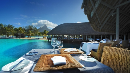 lunch in a lagoon side restaurant in paradise - lunch, lagoon, table, sky, restaurant