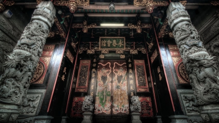 magnificent entry to an oriental temple - oriental, columns, temple, ornate, entry