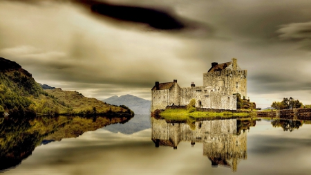 wonderful castle scenery hdr - lake, reflection, castle, clouds, island, hdr, shore