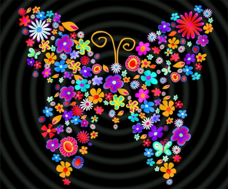 Butterfly Flowers - black, colorful, collage, butterfly, floral, background