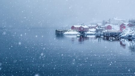 snow storm over norwegian seaside village - town, snow, winter, docks, storm, garbor