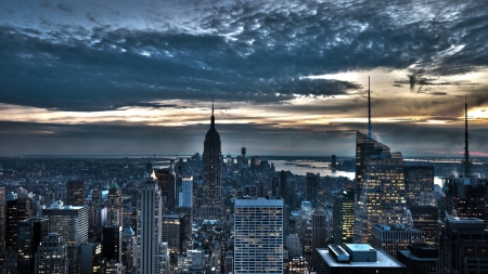 new york city under overcast sundown - river, sundown, overcast, skyscrapers, city