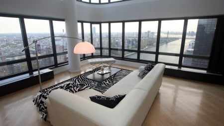 fantastic living room view in new york city - view, apartment, river, interior, bridge, living room