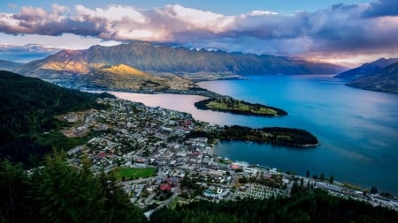 aerial view of queenstown new zealand hdr - view, clouds, aerial, city, mountains, hdr, bay