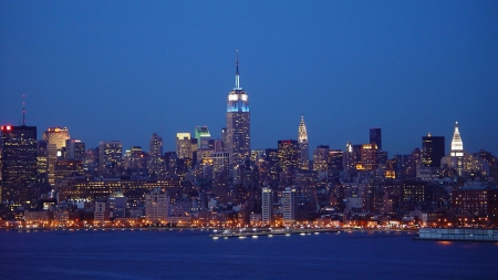 new york city skyline at dusk - skyline, river, city, dusk, piers, lights, skyscrapers