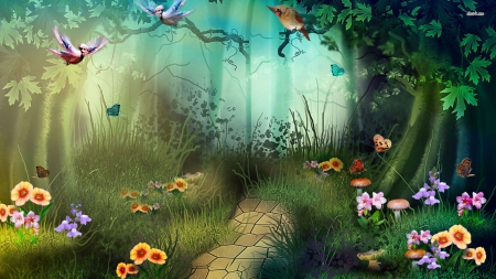 WALKING STONES - fantasy, forest, birds, butterflies