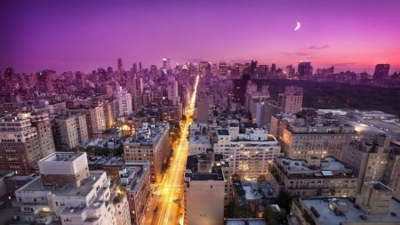 nyc avenue under a quarter moon - moon, avenue, lights, evening, city