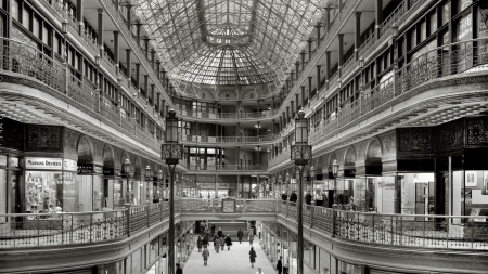 vintage mall in black and white - black and white, mall, vintage, indoor