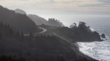 mist covered highway on oregon seacoast - cliffs, coast, highway, sea, mist