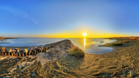 superb sunrise over a sea cove panorama hdr - cove, beach, panorama, sea, sunrise, pier