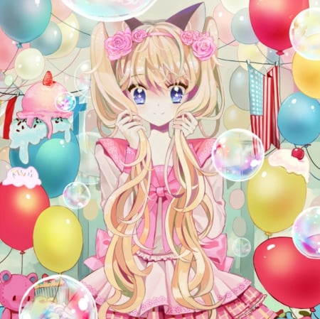 Long Long Hair - pretty, twin tail, female, ears, pink, blond, nice, neko, ballon, seeu, cg, bubbles, cute, vocaloid, anime, yellow, blue, kawaii, twintail, dress, blonde, nekomimi, blond hair, long hair, red, hd, twin tails, anime girl, twintails, girl, blonde hair, lovely, brown hair, sweet, neko mimi, adorable, vocaloids