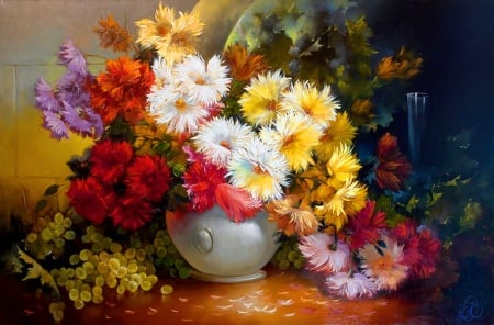 Still life - pretty, vase, grape, beautiful, lovely, still life, bouquet, harmony, flowers, colorful, painting, art