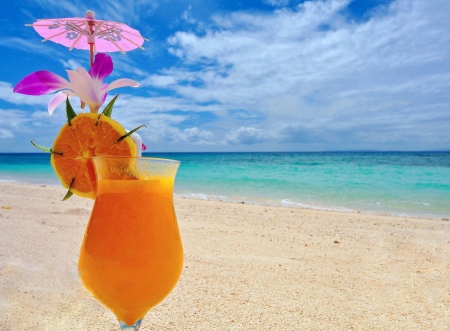 Summer time pleasures - cocktail, orange, beach, sea