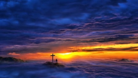 Redemption - cross, sky, glowing, man, blue, sunset, redemption