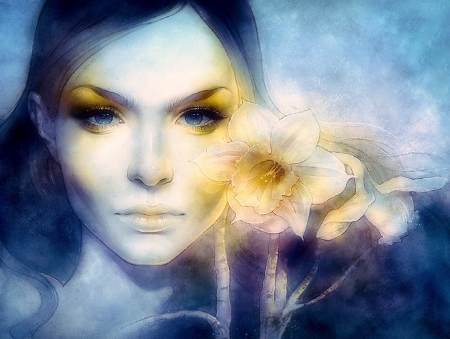 ~Blue Blossom in Spring~ - girls, woman, models, lips, female, people, hair, eyes, creative pre-made, spring, face, gorgeous, blossoms, digital art, flowers in their hair, paintings, artistic, lady, beautiful girls, love four seasons, weird things people wear, blue, seasons, splendor, portraits, colors, flowers, drawings