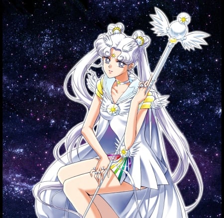 Sailor Cosmos - sitting, magic, anime girl, elegant, sailor cosmos, silver hair, long hair, space, beautiful, dress, beauty, female, twintail, fantasy, gorgeous, anime, t, sit, girl, magical girl, twintails, rod, staff, gown, sailor moon, cg, hd, twin tails, sublime, weapon, sailormoon, white hair, cosmos