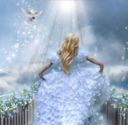 Magical... - flounces, sparkling, girl, dove, blue, flowers, dress