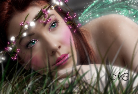 Fairy - beauty, woman, girl, wings, fantasy, face, glitter, art, pretty, mallory, pink, green, digital, fairy, flower