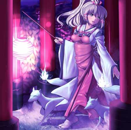 Uka-sama - anime, fox, maiden, girl, long hair, lantern, shrine, inari, goddess, torii, uka, japanese