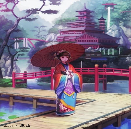 Japanese Girl - girl, japanese, orginal, asian, pretty, japan, umbrella, shrine, scenery, kimono