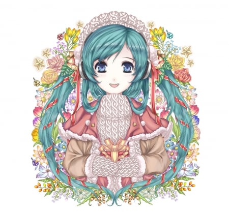 Hatsune Miku - pretty, anime, vocaloid, kawaii, female, miku hatsune, blossom, hatsune miku, green hair, long hair, iling, happy, plain, hd, nice, smiling, anime girl, girl, simple, lovely, sweet, flower, smile, white, mittens, miku, adorable, hatsune, floral, vocaloids, petsls