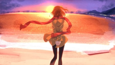 sunset - back, beach, pretty, girl, anime