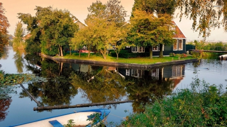 lakeside homes - homes, trees, shore, boat, lake