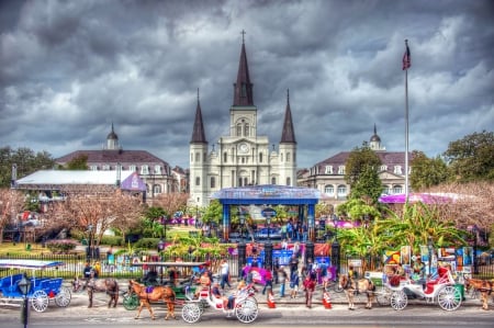 New Orleans, Jackson Square - horses, hdr, buildings, coach