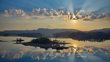 beautiful sunrays reflection on a lake - lake, sunrays, reflection, clouds, island, calm