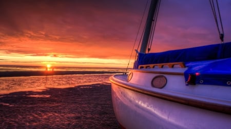 gorgeous sunset on a beached sailboat hdr - people, beach, sunset, sea, sailboat, hdr