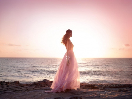 Moments Without You... - beach, dress, girl, sea, beauty, pink, young