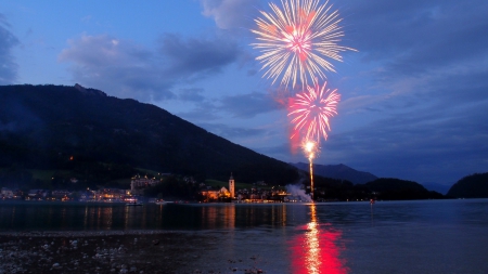 fireworks over an austrian lakeside town - town, lights, evening, lake, fireworks