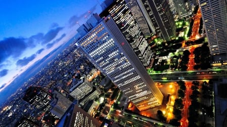 cityscape sideways - sideways, streets, dusk, lights, skyscrapers, city