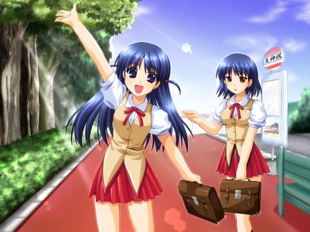 Waiting For The Bus - smiling, tenma, school bags, seifuku, big eyes, bus stop, yakumo, tenma tsukamoto, school girls, anime, sisters, anime sisters, yakumo tsukamoto, anime girls, blue hair, school rumble, tsukamoto, school uniforms, smile