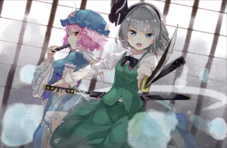 Back Off!!! - saigyouji yuyuko, anime, sword, weapons, short hair, touhou, katana, friends, konpaku youmu, pink hair