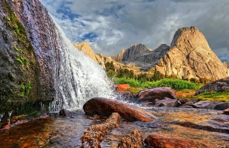 Cirque Of The Towers, Wyoming - waterfalls, moss, mountains, foliage, beautiful, clouds, stones, afternoon, grass, wind river range