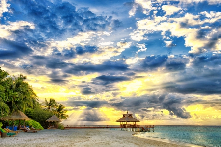 Gorgeous Sunset, Polynesian Beach - clouds, beach, beautiful, island, ocean, sand, pier, sunset, palm trees, huts, sky